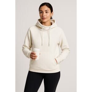 Athleta XL White Quilted Funnel Neck Hoodie Thumbholes Cozy Winter Pullover